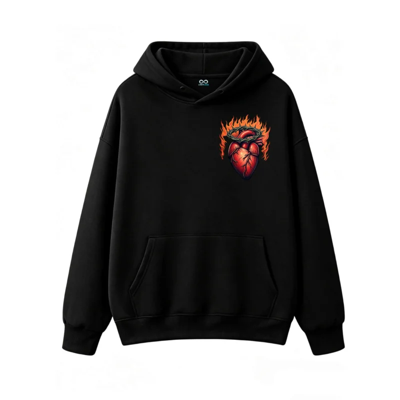 主图_1 Buzo con Capucha Algodón Estampada Corazón Sagrado Fuego Artístico
