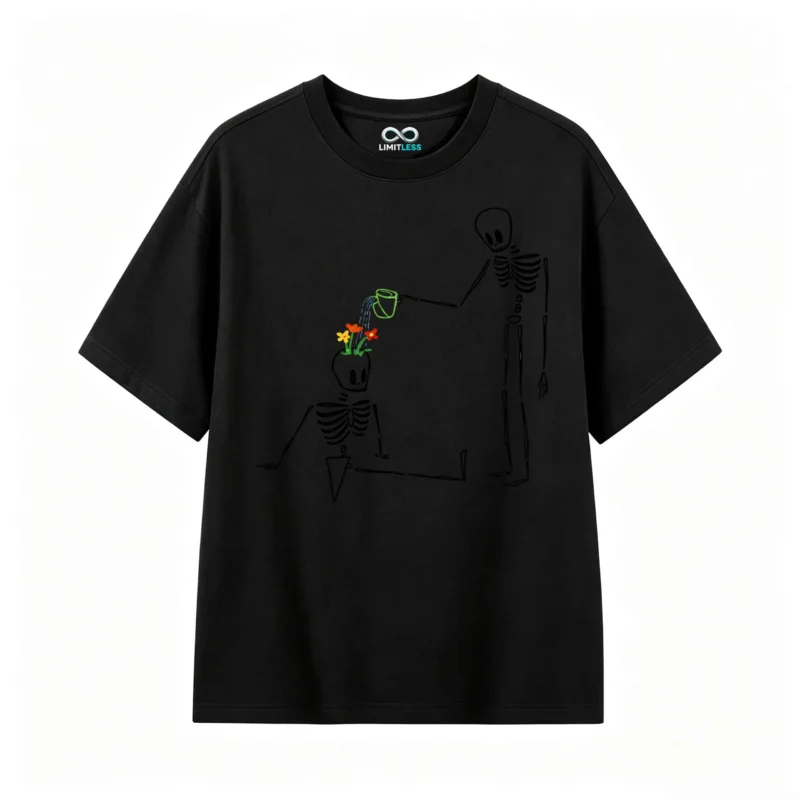 Remera Algodón Estampado Esqueleto Flores Diseño Urbano