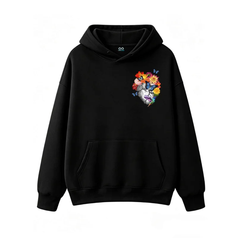 主图_1 Buzo con Capucha Algodón Estampado Corazón Flores Mariposas Premium
