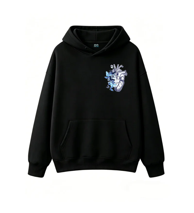 Buzo con Capucha Algodón Estampado Corazón Mariposas Azul Oversize
