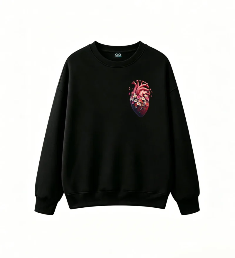 Buzo Cuello Redondo Algodón Estampado Corazón Floral Diseño Artístico
