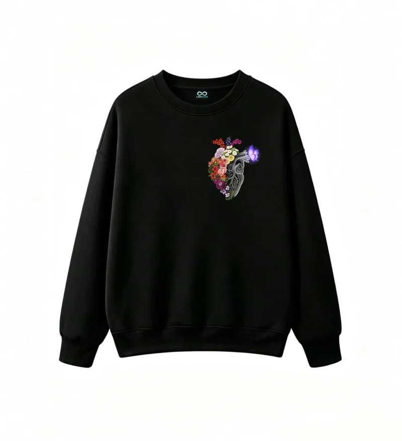 Buzo Cuello Redondo Algodón Estampado Corazón Floral Diseño Artístico