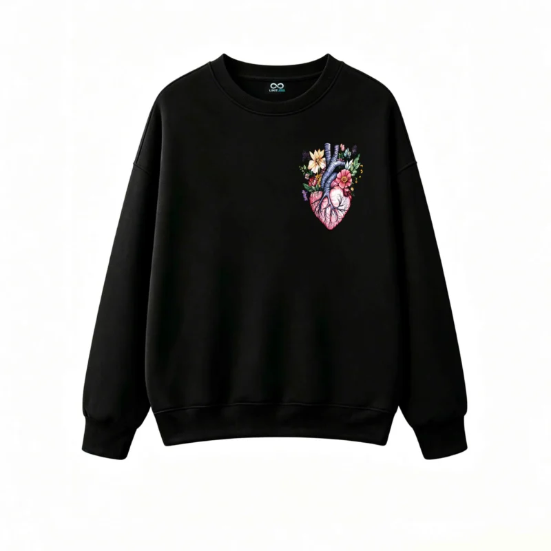 Buzo Cuello Redondo Algodón Estampado Corazón Floral Diseño Artístico Moda
