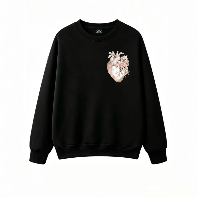 Buzo Cuello Redondo Algodón Estampado Corazón Floral Arte Minimalista