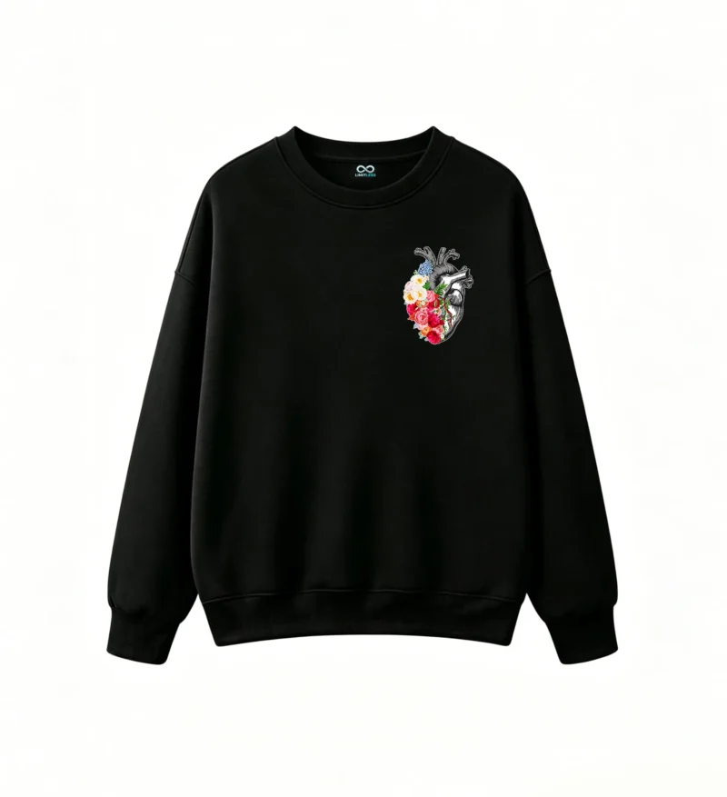 Buzo Cuello Redondo Algodón Estampado Corazón Floral Diseño Artístico