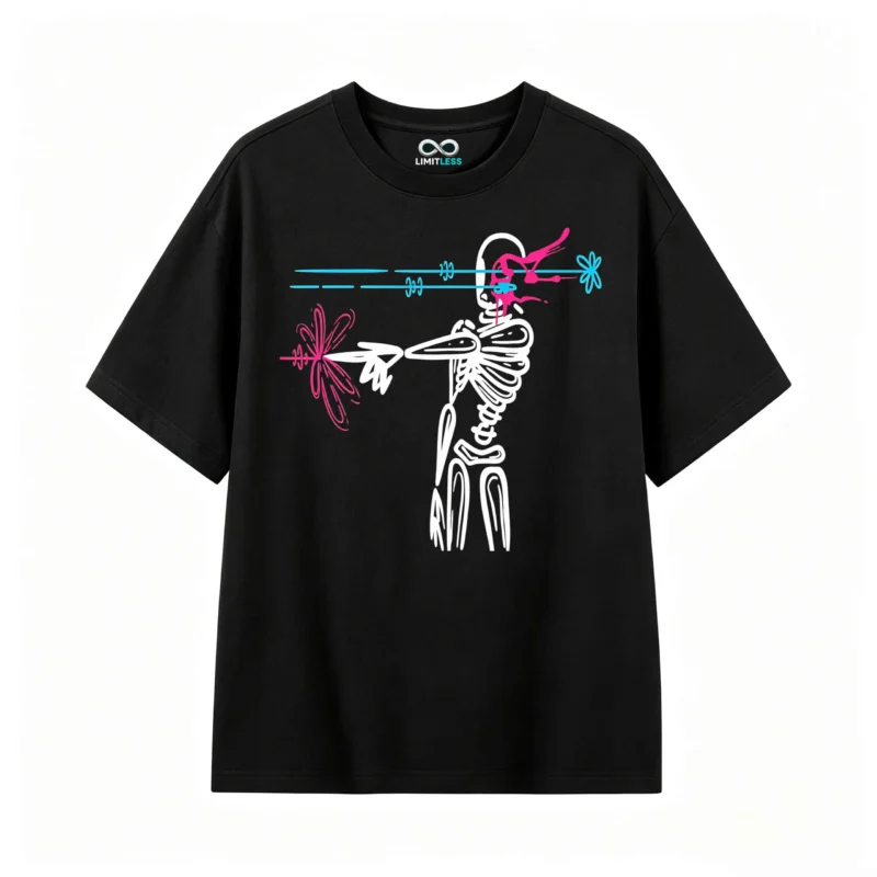 Remera Algodón Estampado Esqueleto Neón Arte Urbano Premium
