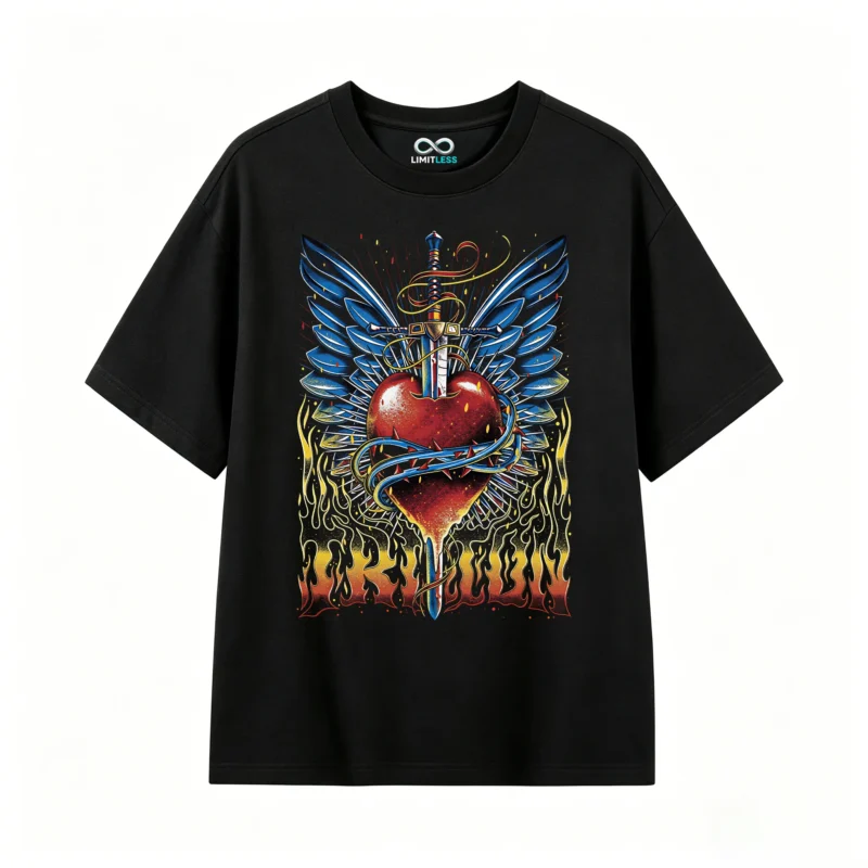 Remera Algodón Estampado Corazón Espada Alas Rock Vintage