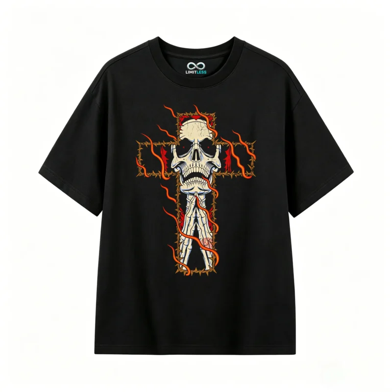 Remera Algodón Estampada Calavera Cruz Gótica Rock Premium
