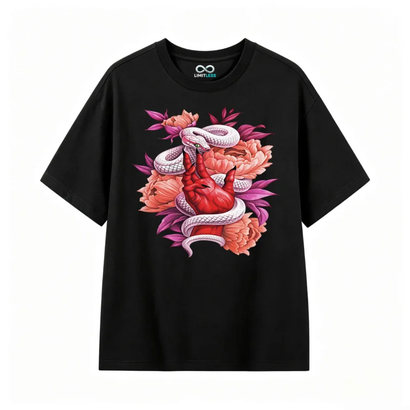 主图_1 Remera Algodón Estampado Serpiente Flores Gótico Casual Premium