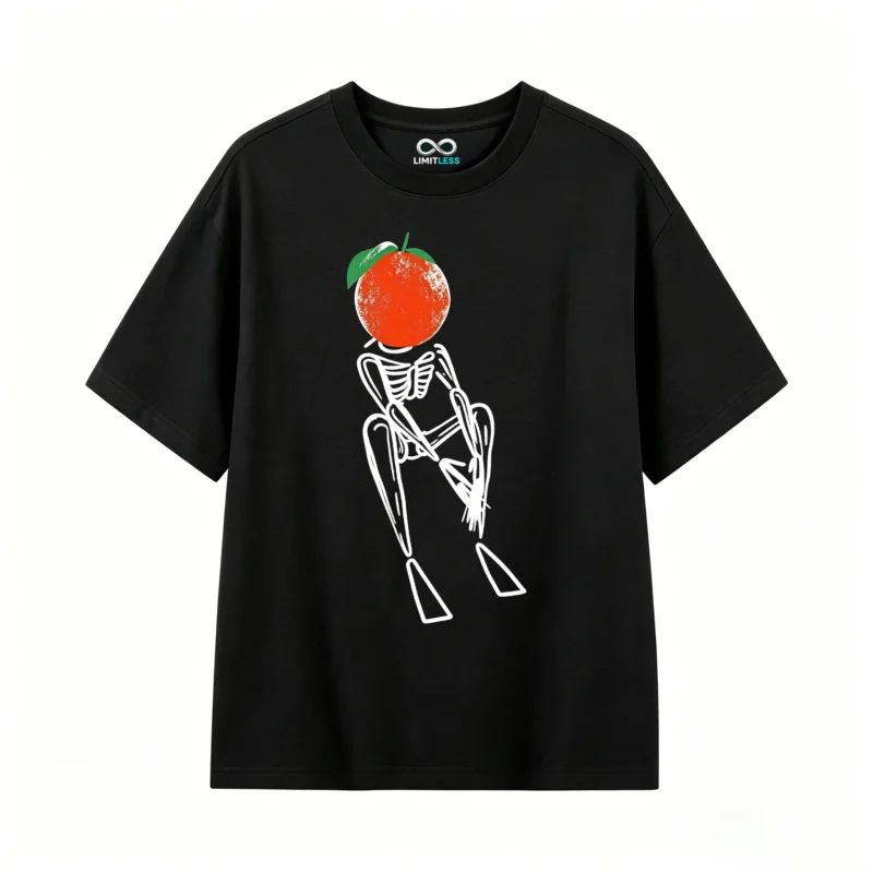 Remera Algodón Estampado Esqueleto Naranja Oversize Casual