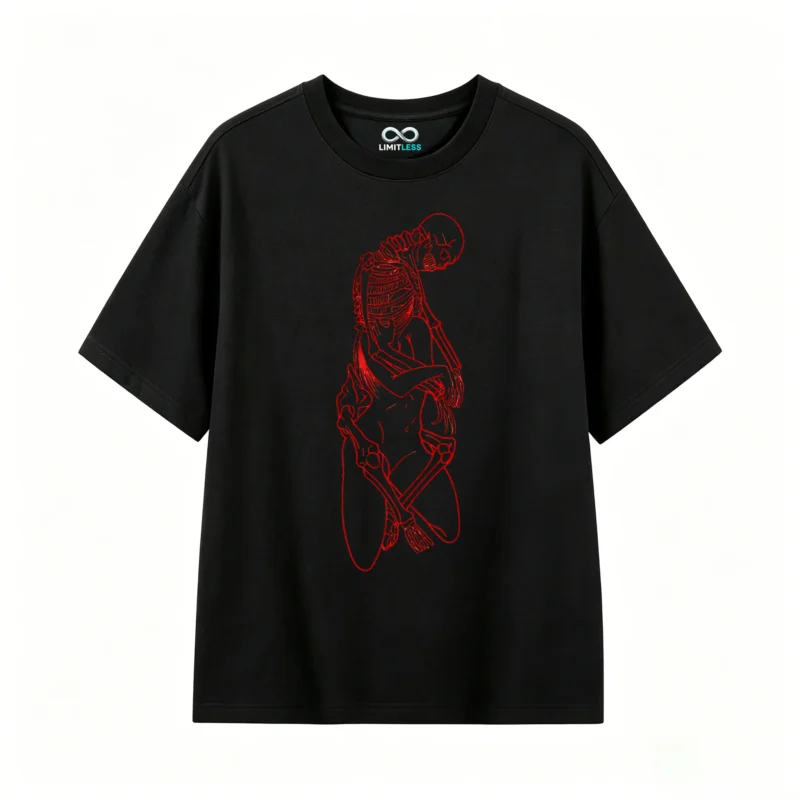 主图_1 Remera Algodón Estampado Esqueleto Rojo Gótico Oversize