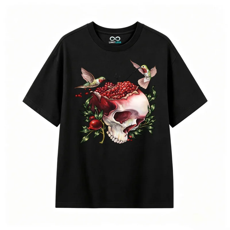 Remera Algodón Cráneo Granada Colibrí Estampada Premium