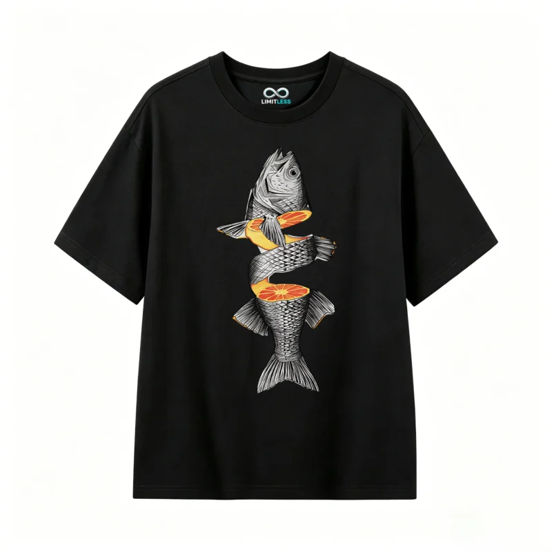 Remera Algodón Estampado Pez Naranja Diseño Surrealista Urbano