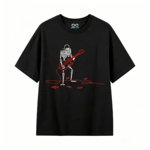 Remera Algodón Estampado Esqueleto Guitarra Rock Oversize
