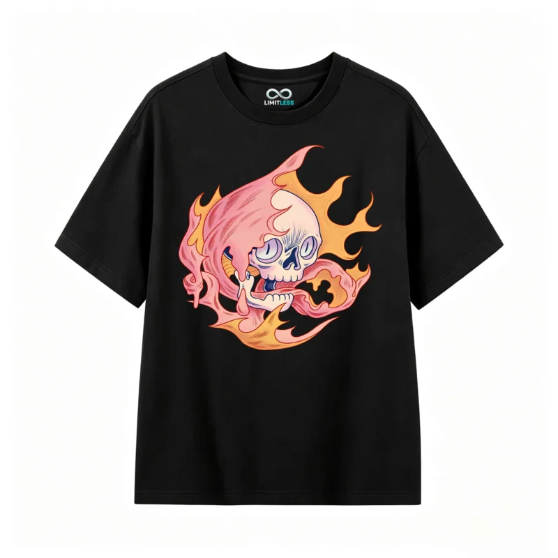 主图_1 Remera Algodón Estampada Calavera Fuego Diseño Urbano Oversize