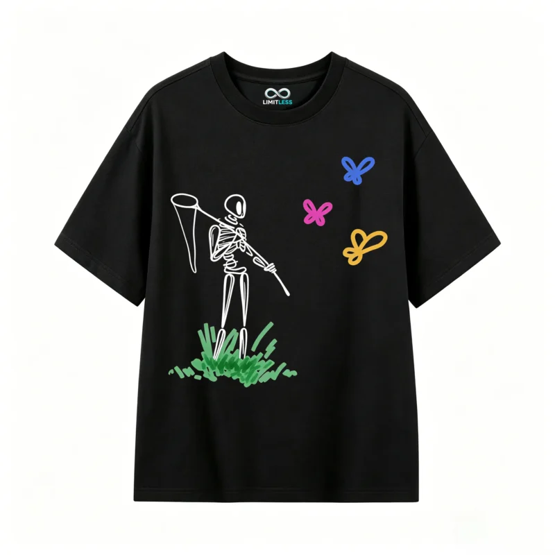 主图_1 Remera Algodón Estampado Esqueleto Mariposas Diseño Casual