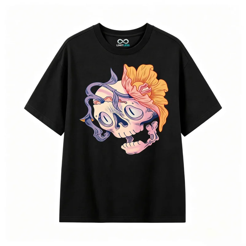 主图_1 Remera Algodón Estampado Calavera Flores Arte Urbano Premium