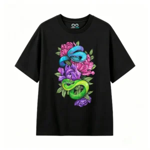 Remera Algodón Estampado Serpientes Flores Diseño Artístico