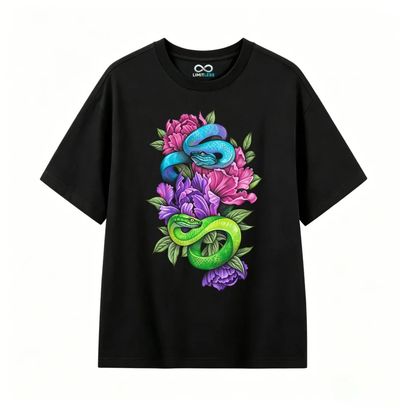 Remera Algodón Estampado Serpientes Flores Diseño Artístico