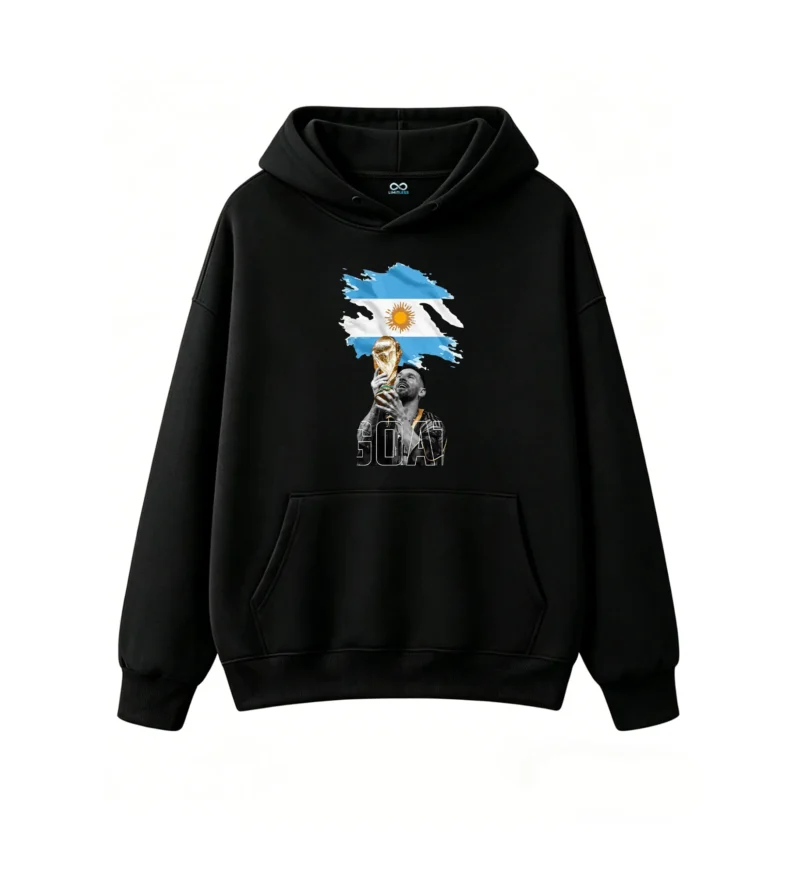 Buzo polar GOAT Messi con bandera argentina y trofeo del Mundial