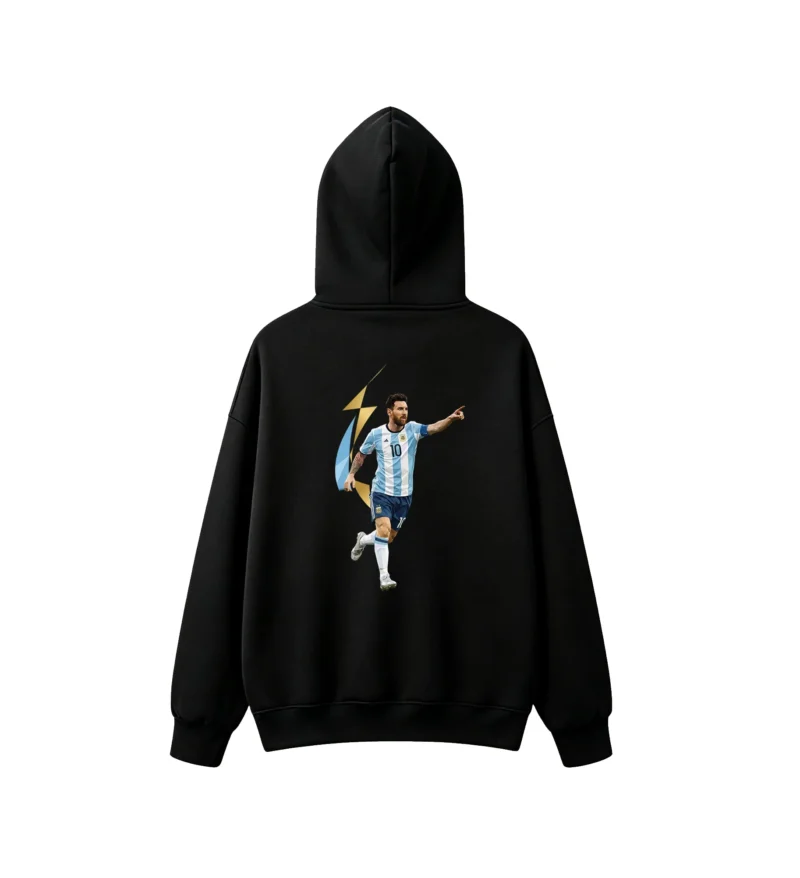 Buzo capucha polar Messi, estampa trasera de celebración para hinchas argentinos