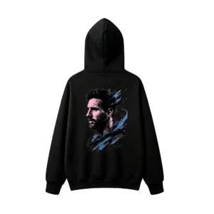 Buzo capucha polar con retrato artístico de Leo Messi en la espalda