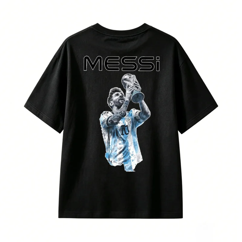 Remera algodón estampa trasera Messi con Copa del Mundo y letra MESSI