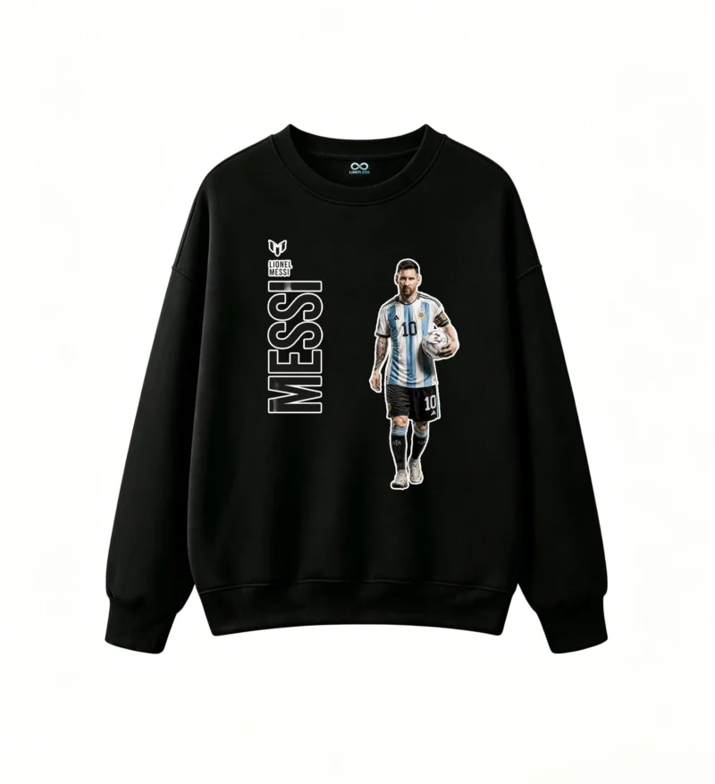 Sudadera polar cuello redondo, estampa figura Messi y letras verticales
