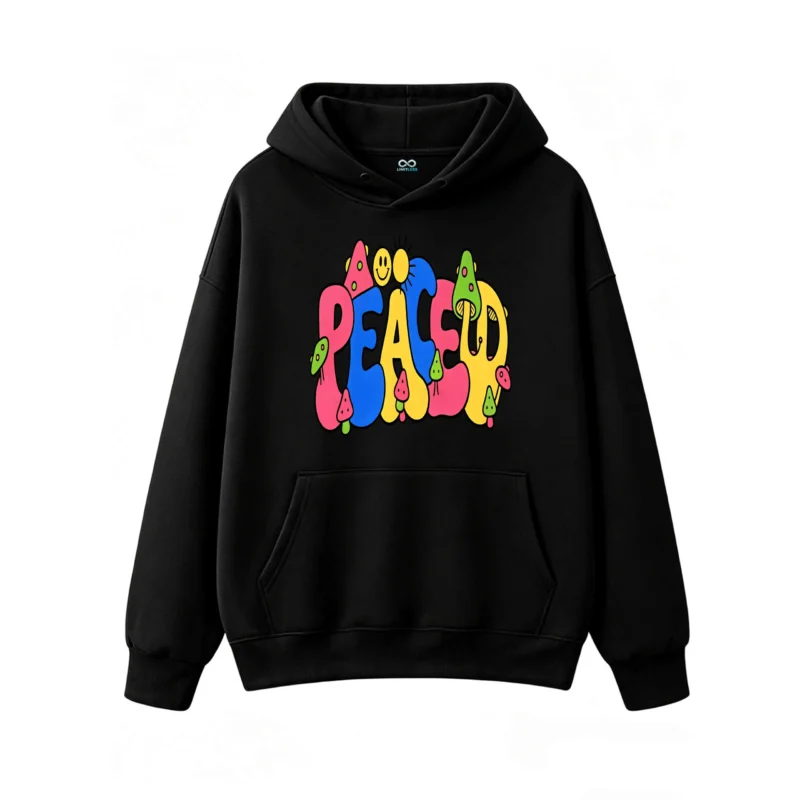 Buzo capucha hippie retro, estampa paz color
