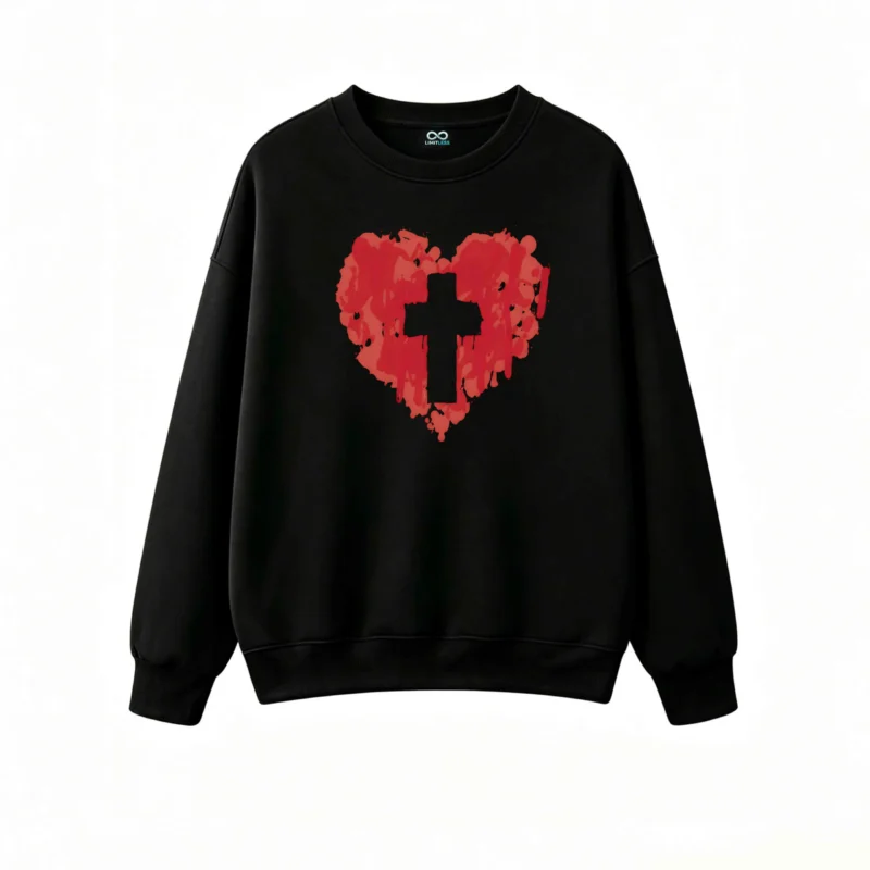 Buzo cuello redondo, corazón cruz gótico diseño casual