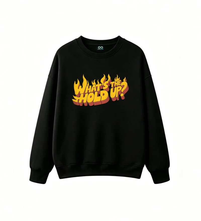 Buzo cuello redondo, estampa Whats The Up Fuego holgado
