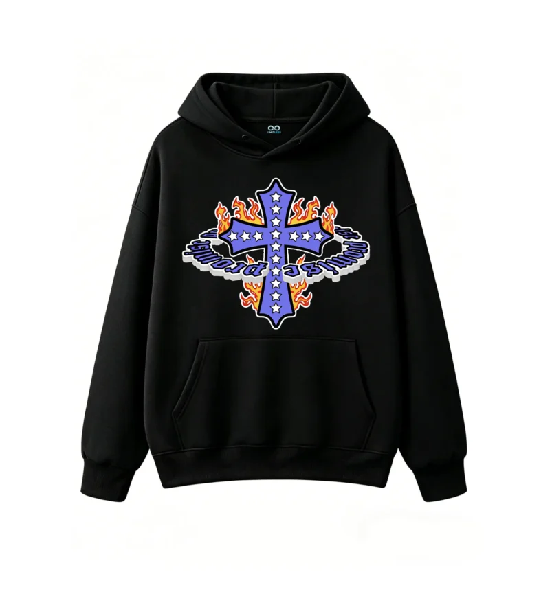 主图_1 Graphic Cross With Stars And Flames Print Hoodie