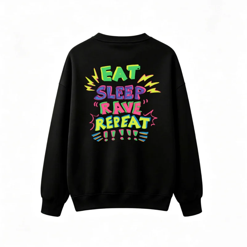 Buzo cuello redondo, estampa Eat Sleep Rave festival pop