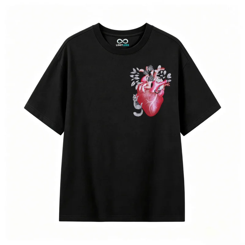 Remera Algodón Estampado Corazón Gatos Diseño Artístico