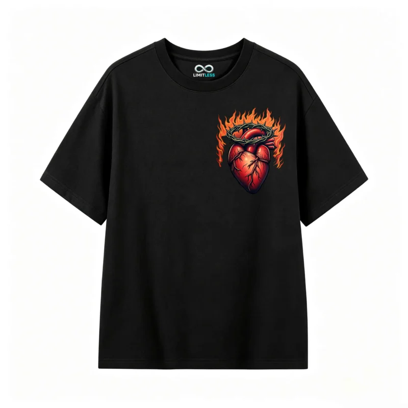 Remera Algodón Estampada Corazón Fuego Espinas Oversize Premium