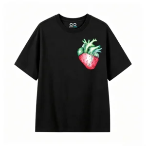 Remera Algodón Estampado Frutilla Corazón Arte Botánico