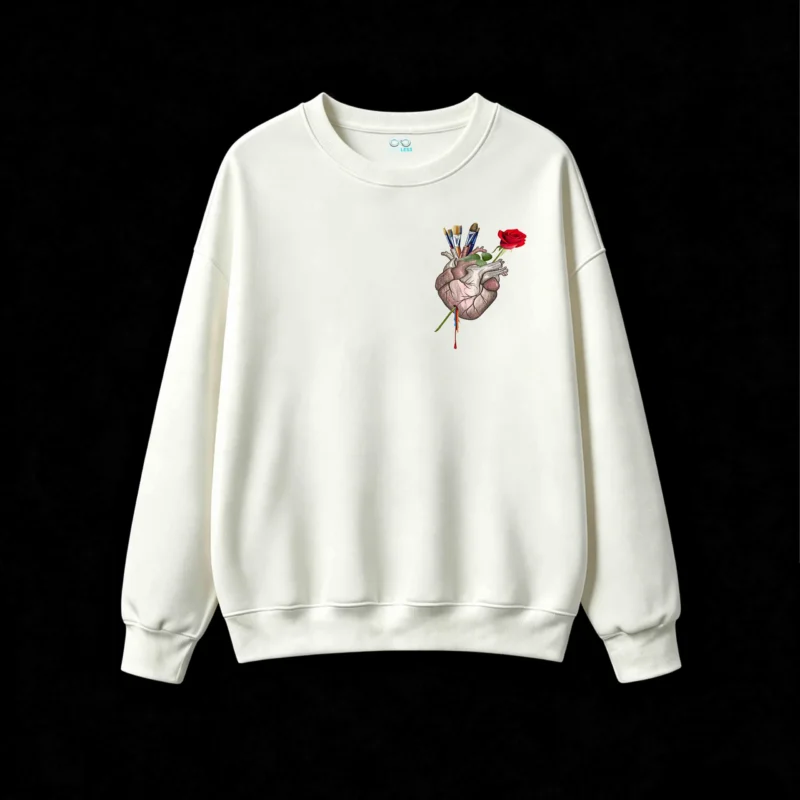 Buzo Cuello Redondo Algodón Estampada Corazón Artístico Pinceles Rosa