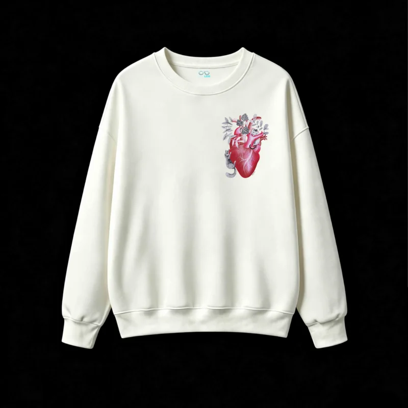 Buzo Cuello Redondo Algodón Estampado Corazón Gatos Arte Original Moda