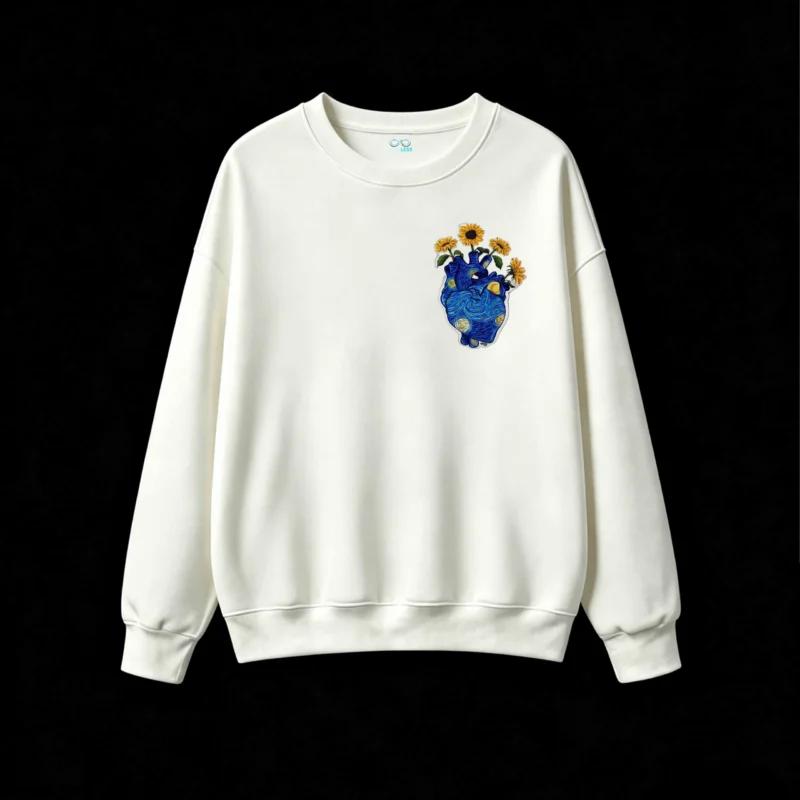 Buzo Cuello Redondo Algodón Estampado Corazón Van Gogh Girasoles Casual