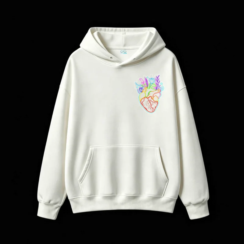 Buzo con Capucha Algodón Estampado Corazón Neón Flores Artístico Full