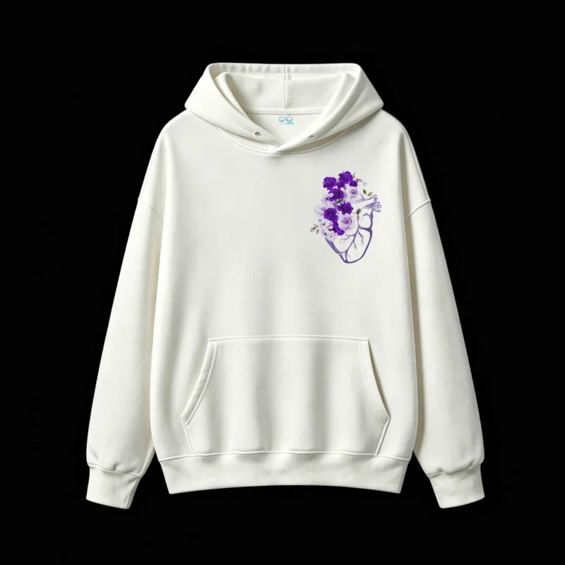 主图_2 Buzo con Capucha Algodón Estampado Corazón Flores Violeta Casual Premium