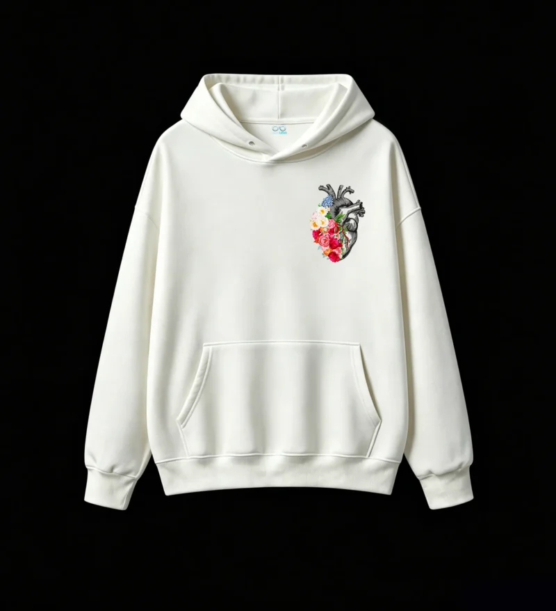 Buzo con Capucha Algodón Estampado Corazón Floral Arte Minimalista