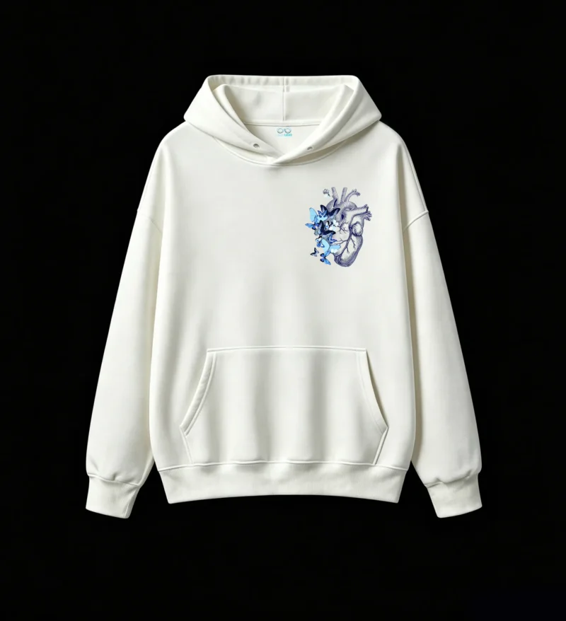 Buzo con Capucha Algodón Estampado Corazón Mariposas Azul Oversize