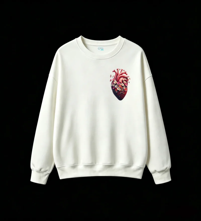 Buzo Cuello Redondo Algodón Estampado Corazón Floral Diseño Artístico