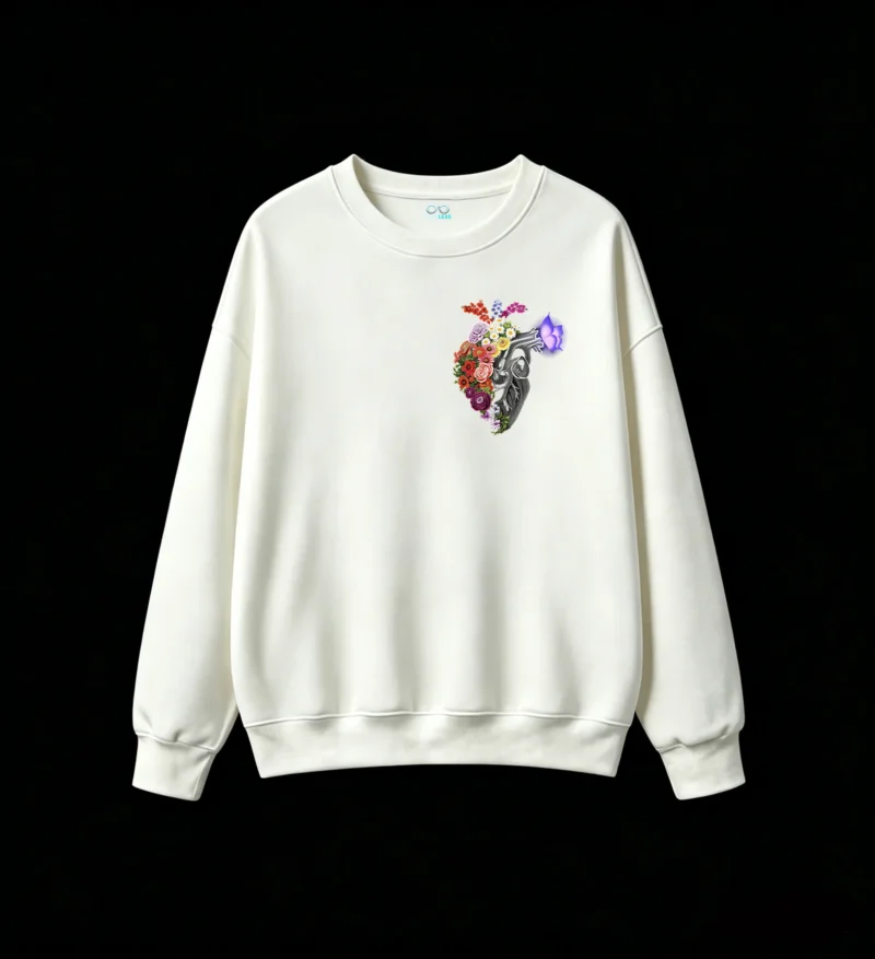 Buzo Cuello Redondo Algodón Estampado Corazón Floral Diseño Artístico