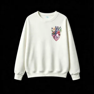 Buzo Cuello Redondo Algodón Estampado Corazón Floral Diseño Artístico Moda