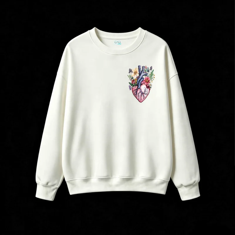 Buzo Cuello Redondo Algodón Estampado Corazón Floral Diseño Artístico Moda