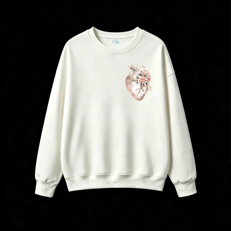 Buzo Cuello Redondo Algodón Estampado Corazón Floral Arte Minimalista