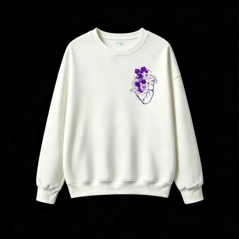 Buzo Cuello Redondo Algodón Estampado Corazón Flores Violeta Premium