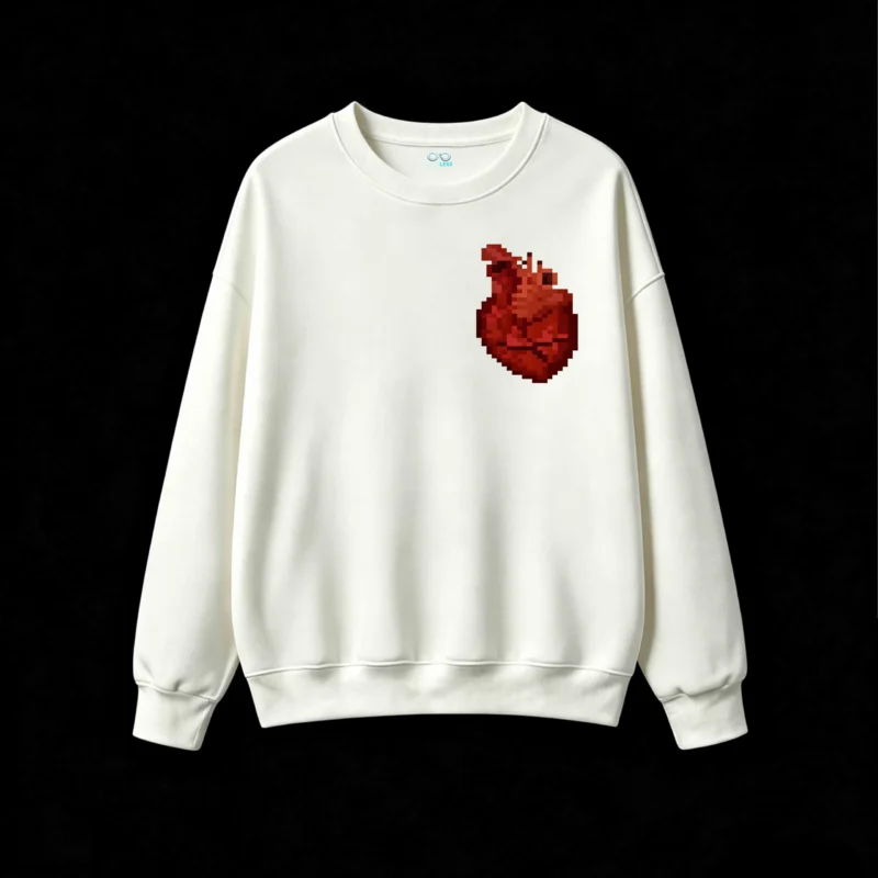 Buzo Cuello Redondo Algodón Estampado Pixel Art Corazón Diseño Casual
